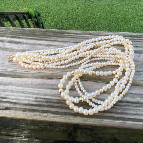 Faux Pearl 4 strand necklace with gold accent beads 24 inches - Picture 2 of 9